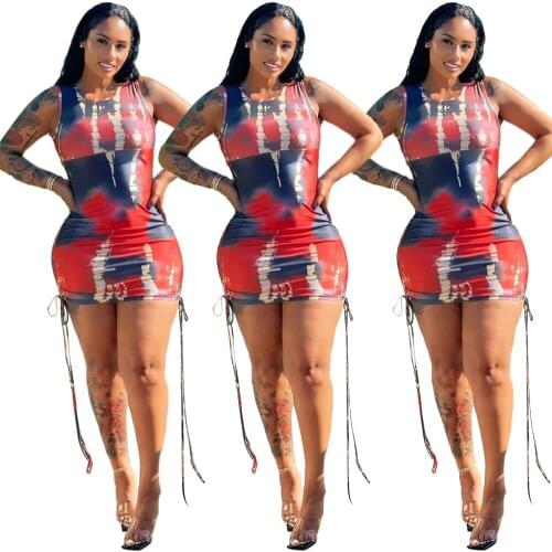 Women Sexy Tie Dye Printed Sleeveless Drawstring Bodycon Dress 2021 Summer New