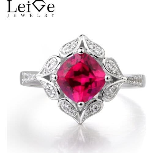 Leige Jewelry Ruby Ring Engagement Ring Cushion Cut Red Gems July Birthstone Ring 925 Sterling Silver Vintage Ring for Women