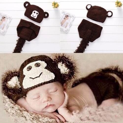2Pcs/Set Newborn Photography Props Cute Monkey Animal Clothing Suit Baby Hat Crochet Knit Costume Toddler Clothes Accessories