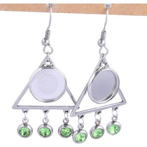 6pcs/lot Stainless Steel Triangle Blue Red Crystal Rhinestone Dangle 12mm Cabochon Earring Base Setting Blank Bezels
