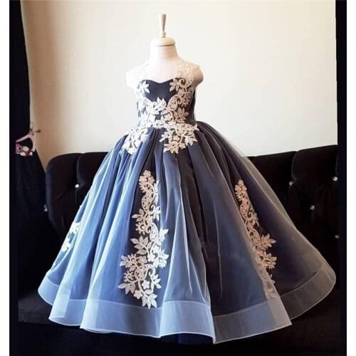 White Lace Applique Blue Flower Girl Dress for Wedding Lace V neck Little Princess Party Dress Custom Kids Child Birthday Gown