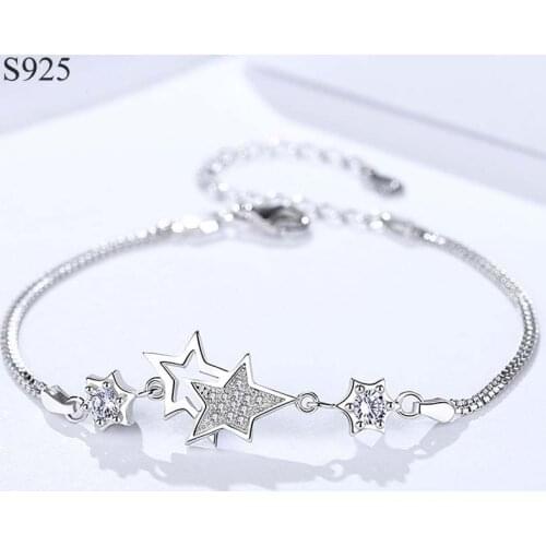 Genuine Real Pure Solid 925 Sterling Silver Bracelet Bangle for Women Jewelry Star Female Hand Wristband Bracelets Schmuck