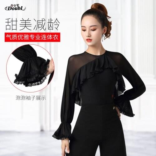 Doubl Brand Lady Latin Dance Costume Puff Sleeve Black Exercise Clothes Womens 2021 New Mesh Top Ruffle Design Female Bodysuit