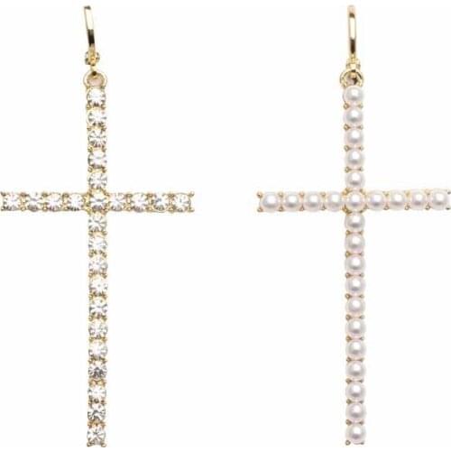 Duftgold Simulation Pearl Cross Pendant Long Earrings Fashion Exquisite Rhinestone Earring for Women Wedding Jewelry Oorbellen