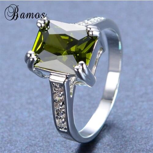 Bamos Fashion Female Peridot Ring Silver Color Jewelry Vintage Wedding Rings For Women Birth Stone Gift