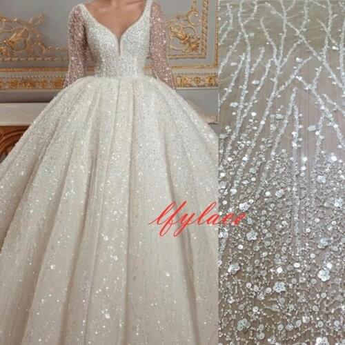 Silver New Nigerian Beautifully Beaded Embroidered Bridal Wedding Gown Dress Lace Fabric