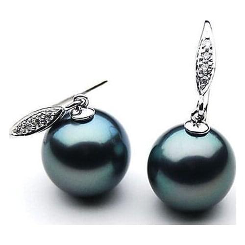 Charming pai of 10-11mm Tahitian black green dangle pearl earring