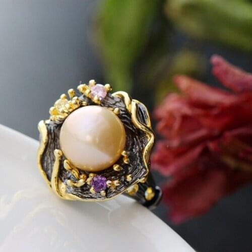 Wholesale 925 sterling silver ring Restoring ancient ways with natural pearl ring by hand Silver female ring