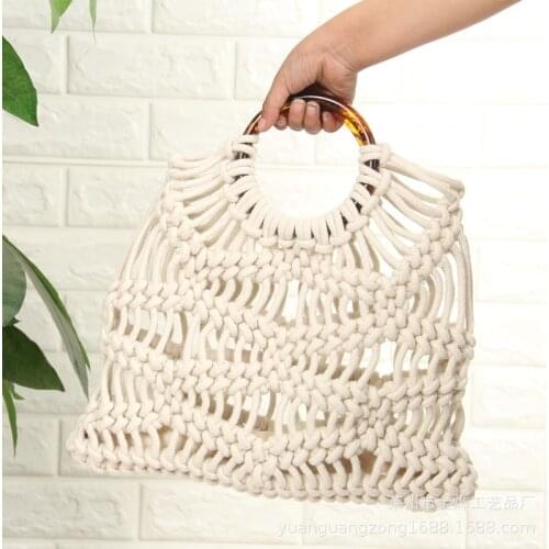 Hollow Bamboo Handheld Straw Woven Bag Forest female Mesh Rope Weaving Tie Buckle Reticulate Net Shoulder Bag Beach Holiday Bags