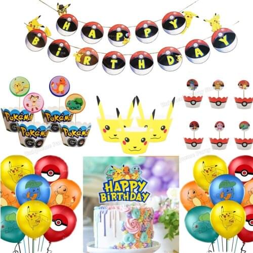Pokemon Birthday Party Supplies Pikachu Balloons Banners Cake Flags Topper Party Decoration Kids Adult Baby Shower Supplies Gift