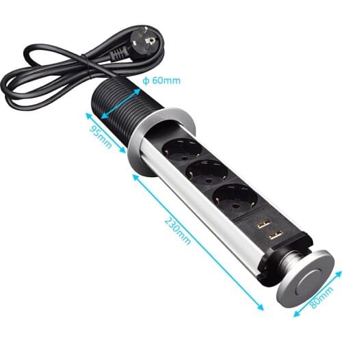 Pulling Socket Recessed Retractable Power Strip Charging Station with 3 EU Plug and 2 USB for Counter Island Conference Office