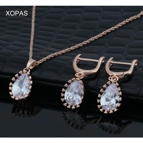 XOPAS New White Water Drop Earrings Pendants Necklaces Sets 585 Rose Gold Natural Zircon For Women Fashion Wedding Jewelry Set