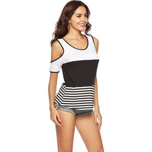 Women T Shirt Patchwork Color Strap Round Neck Hollow Out Short Sleeve T-shirt Casual Student Chic Streetwear Spring Summer