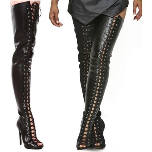 Sexy Peep Toe Black Leather Over The Knee Boots Lace-up Bandage Tight High Sandals Boots Women Summer shoes woman Size 44/45