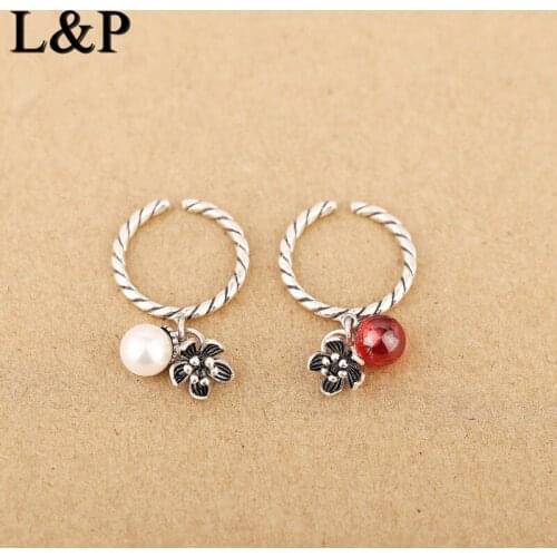 L&P New Arrival Genuine 925 Sterling Silver Pearl & Red Gems Open Rings For Women Punk Sterling-silver-jewelry