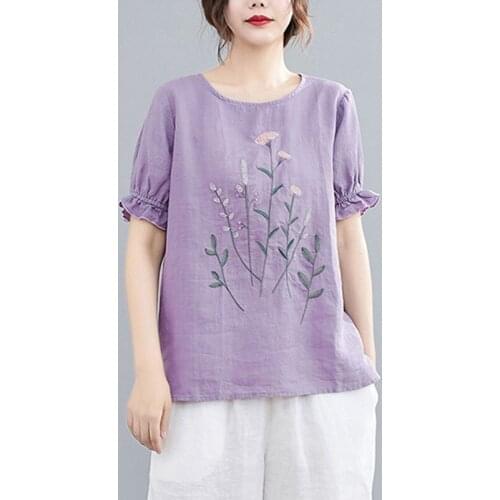 Women Cotton Linen Casual T-shirts New Arrival 2021 Summer Vintage Style O-neck Floral Embroidery Loose Female Tops Tees S3322