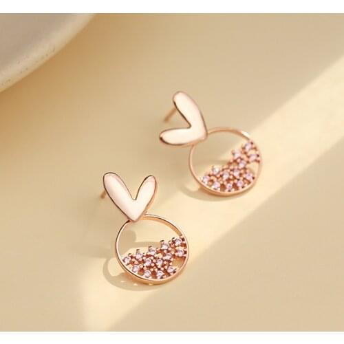 Love Heart Round Rose Gold Color Cubic Zirconia Stud Earring For Women Girls Simple Trendy Fashion Jewelry Gift SD2461