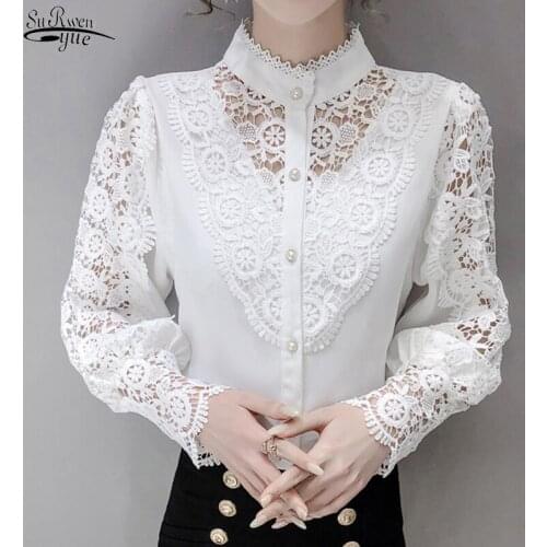 New Spring Chic Hollow Flower Buttons Ladies Top Women Korean Lace Stitching Shirt Sweet Stand Collar Long Sleeve Blouse 12948