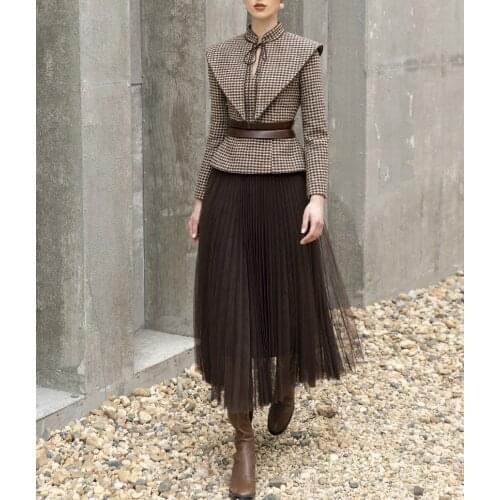 Tailor shop Retro Slim and thin dark brown houndstooth winter female light luxury top and skirt Semi-Formal Dresses
