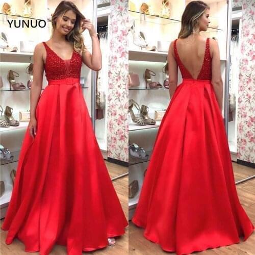 YUNUO robe de soiree A-line Red Satin Evening Gowns Prom Dresses Illusion V-neck Back Party Formal Dress Beading Full Length