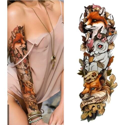 1pcs Fox and Rabbit Full Flower Arm Temporary Tattoo Sticker Body paint Water Transfer fake Tatoo sleeve