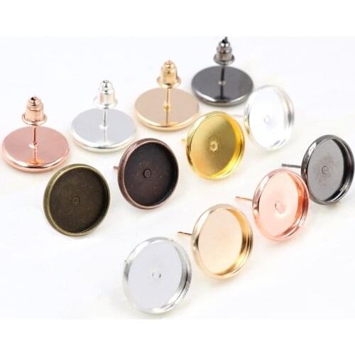12mm 50pcs/Lot Classic 7 Colors Plated Brass Copper Material Earring Studs(with Ear plug) Earrings Base,Fit 12mm Glass Cabochons