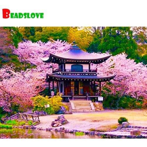 5d diy diamond painting diamond mosaic crystal Romantic cherry tree pavilion japan landscape full square diamond embroidery art