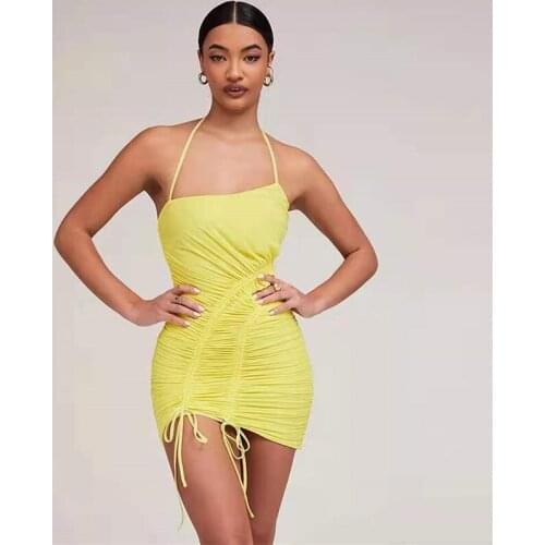 Free Shipping 2021 New Women Yellow Sexy Halter Sleeveless Draw String Mini Dress Elegant Night Club Party Mini Dress Vestidos