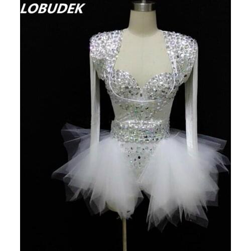 Tassels Sleeve Sparkly Rhinestones Bodysuit Mesh Skirt Dance Outfits Female Singer Dancer Sexy Bar Nightclub Performance Costume