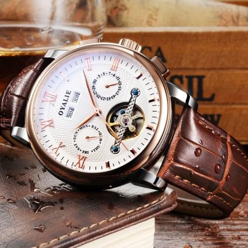 Fashion Hollow Watch Mens Multifunctional Automatic Machine Core Waterproof Genuine brown Leather Belt Watch