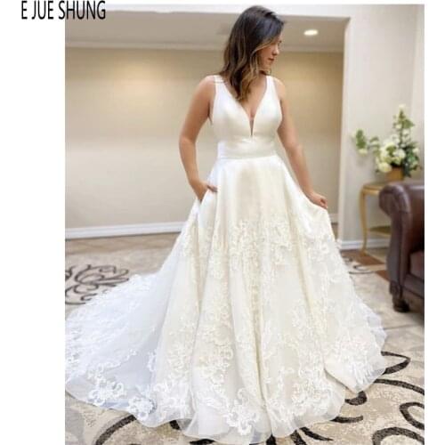 E JUE SHUNG Simple Backless Wedding Dresses Deep V Neck Lace Appliques With Pockets A Line Wedding Gowns Vestido de noiva