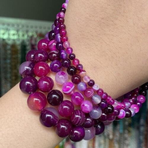 Fuchsia Natural Striped Agates Stone Beads For Jewelry Making Diy Handmade Bracelet Round Loose Spacer Beads 4 6 8 10 12mm 15