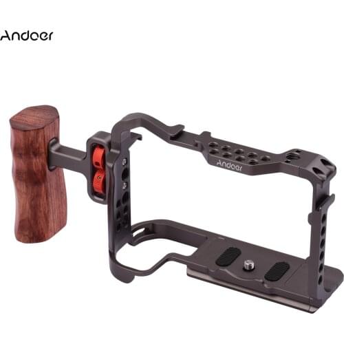 Andoer Camera Cage Protective Vlog Cage with Wooden Handle Cold Shoe Mounts for Mic LED Light Monitor for Canon EOS R5 R6