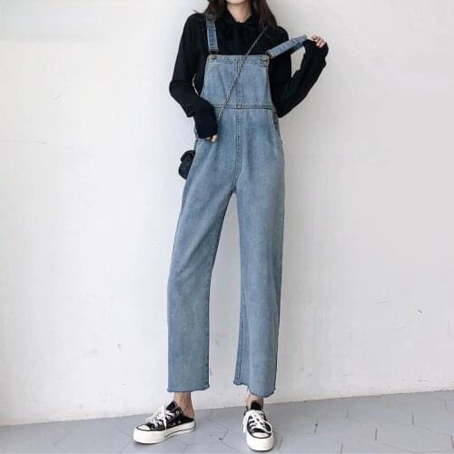 Jumpsuits Women Autumn Denim Blue Vintage Washed Ankle-length Baggy All-match Straight Overalls Teenager Leisure Female Jumpsuit