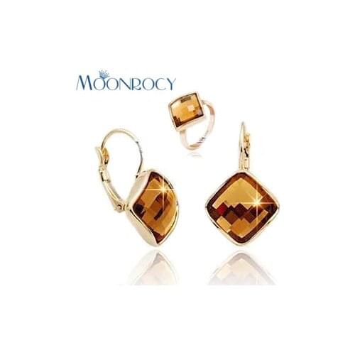 MOONROCY Drop Shipping Fashion Square Crystal Ring and Earring Jewelry Set Rose Gold Color Jewelry Set Wholesale for Women Gift