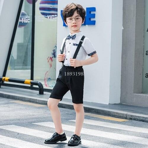 Summer Flower Boy Dress Suit Set British Style Short-sleeved Shirt Strap Shorts Clothing Set Kids Host Performance Costume