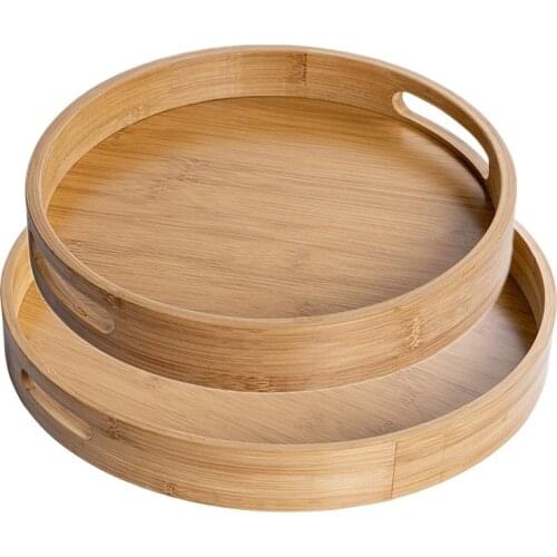 Round Serving Tray with Handles - Wooden Bamboo Circle Tray for Coffee Table, Food, Ottoman