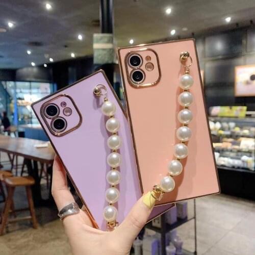 Square 6D plating pearls Hanging Chain Case For iphone 12 Pro X XS MAX XR 7 8 Plus Wrist Bracelet Cases For iphone 11 Pro Max
