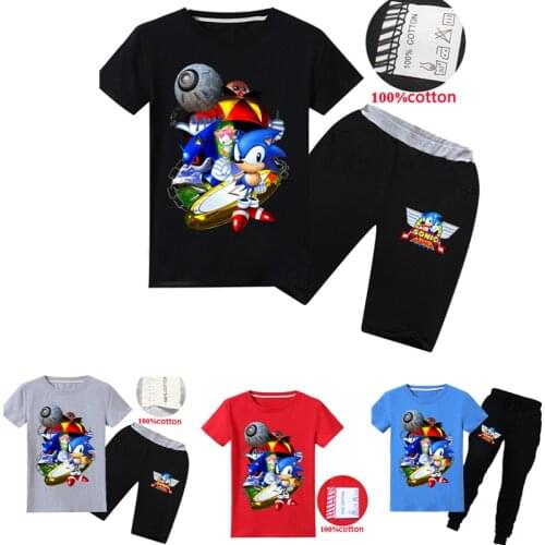 Summer children clothing Sonic the Hedgehog cartoon cotton refreshing short-sleeved T-shirt shorts trousers Boy girl 2-16Y suit