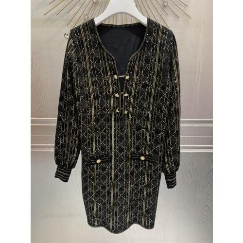 Fashion 2021 new women long-sleeved V-neck check sequin knitted sweater dress 0317