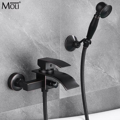 Wall Mounted Bathtub Faucet With Hand Shower Bath Shower Faucet Set Oil Rubble Bronze Finished Waterfall Black Bath Faucet