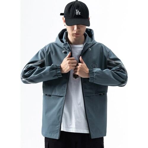 New Autumn Double Reflective Strip Print Stylish Casual Mens Hooded Jacket Fashion Up-Zipper Front Windbreaker Coats Windproof