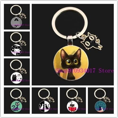 New black and white cat round glass keychain creative handmade black cat pendant round key ring car decoration keychain
