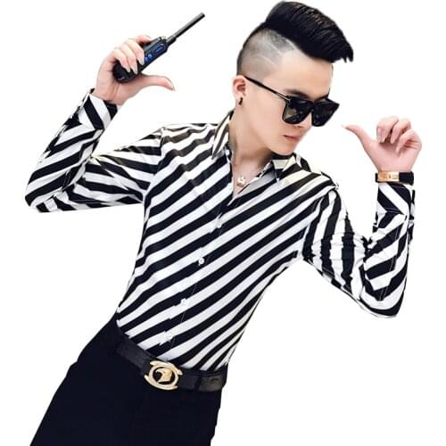 2021 Spring and Autumn New Net red hair stylist slim striped shirt social guy long-sleeved shirt men