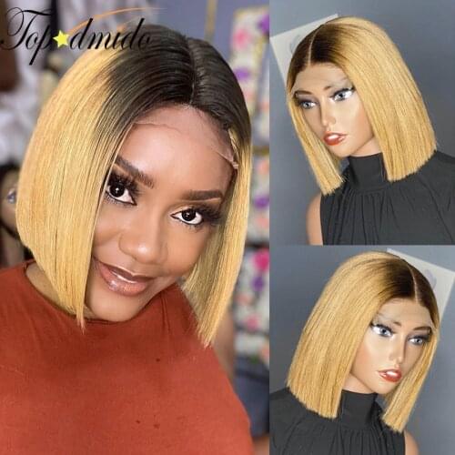 Topodmido Ombre 4x4 Closure Lace Front Wig for Women Honey Blonde Brazilian Remy Human Hair Wigs #1b/27 Bob Cut Short Hair Wigs