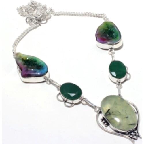 Prehnite,Solar Quartz Druzy Necklace Silver Overlay over Copper, 48.5 cm, N4146