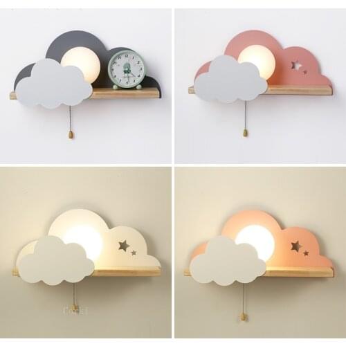 Nordic Cartoon Cloud Wall Lamp White/Pink/Gray Cute Girl with Switch Dream Bedroom Childrens Room Shelf Bedside Night Lighting