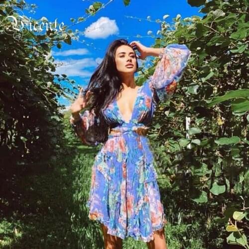 VC All Free Shipping New Chic Sweet Floral Print Dress Ruffles Deisgn Sexy Backless Lantern Sleeves Party Casual Mini Dress