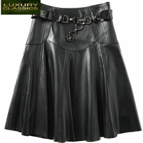 Skirts Genuine Womens Leather Saia Midi Skirt Plus Size Pleated Skirt Sheepskin Spring Faldas Mujer Moda 2021 LWL1593