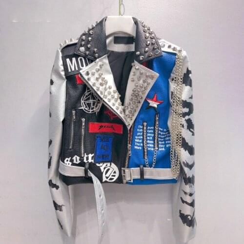 Cartoons Pattern Jacket For Women V Neck Long Sleeve Rivet Hit Color Lace Up Chain Jackets Female 2020 Streetwear Tide C148